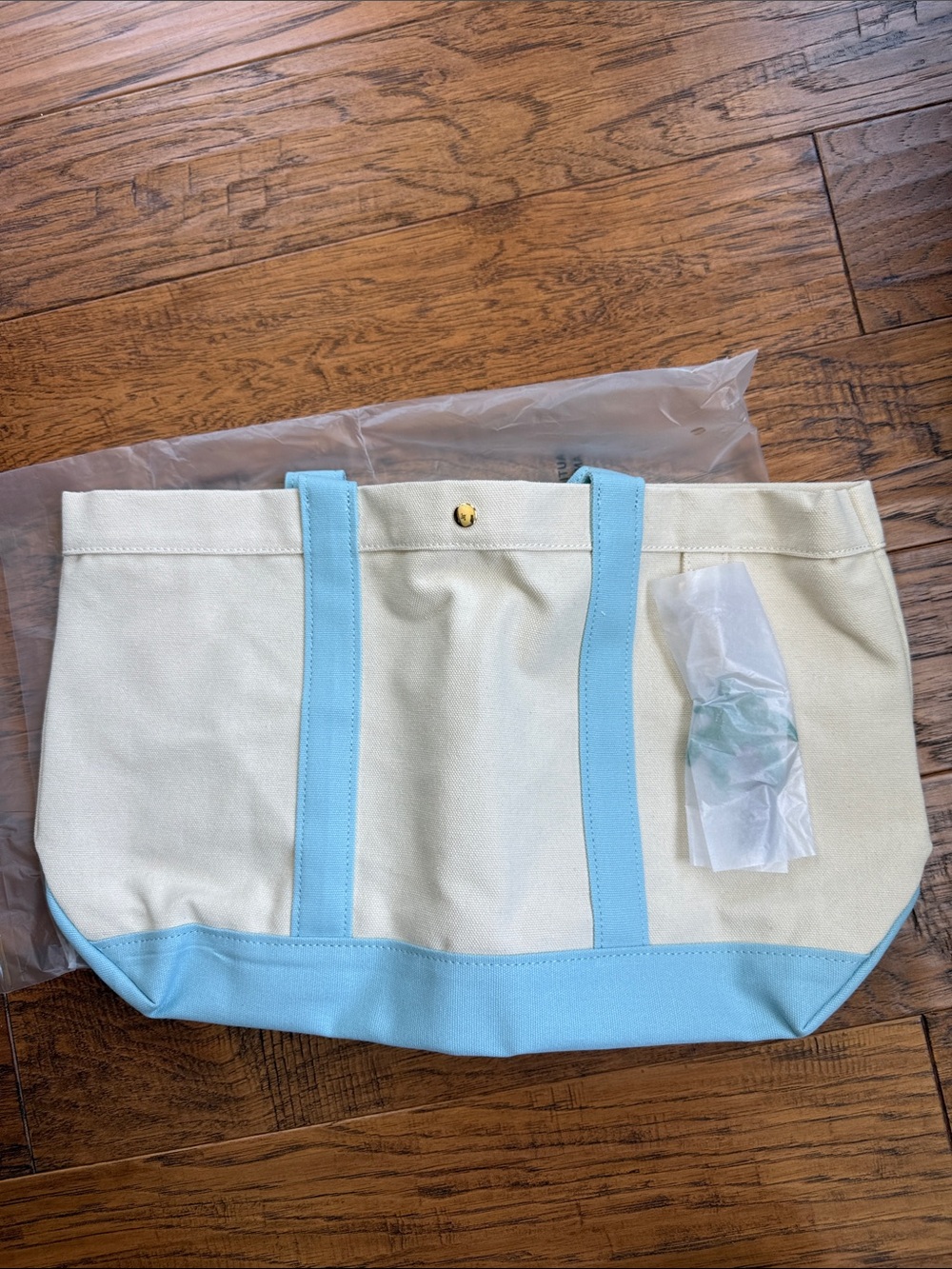 BaubleBar Cream Canvas Tote with Light Blue Straps